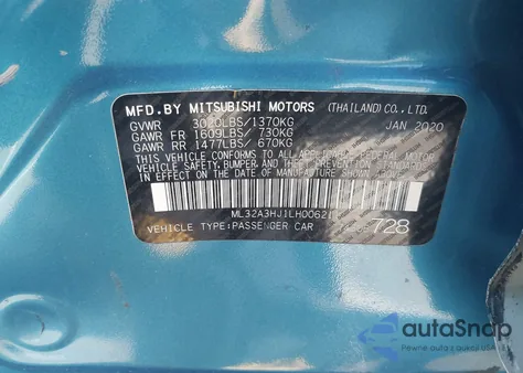 2020 Mitsubishi Mirage Es/Se z USA, uszkodzony, nr VIN ML32A3HJ1LH006211